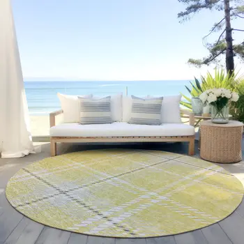 8' Yellow Black And Ivory Round Plaid Washable Indoor Outdoor Area Rug