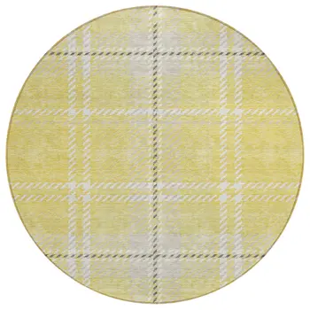 8' Yellow Black And Ivory Round Plaid Washable Indoor Outdoor Area Rug