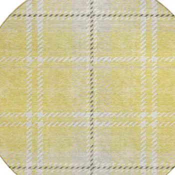 8' Yellow Black And Ivory Round Plaid Washable Indoor Outdoor Area Rug