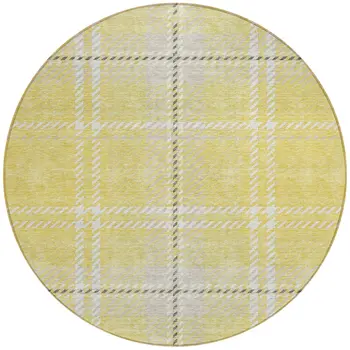 8' Yellow Black And Ivory Round Plaid Washable Indoor Outdoor Area Rug