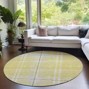 8' Yellow Black And Ivory Round Plaid Washable Indoor Outdoor Area Rug