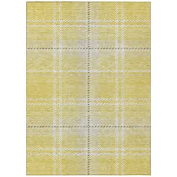 9' X 12' Yellow Black And Ivory Plaid Washable Indoor Outdoor Area Rug