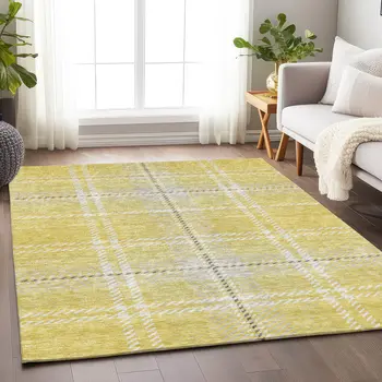 9' X 12' Yellow Black And Ivory Plaid Washable Indoor Outdoor Area Rug