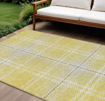 10' X 14' Yellow Black And Ivory Plaid Washable Indoor Outdoor Area Rug