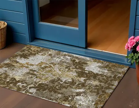 3' X 5' Brown Green And Ivory Damask Washable Indoor Outdoor Area Rug
