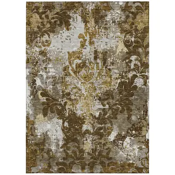 5' X 8' Brown Green And Ivory Damask Washable Indoor Outdoor Area Rug