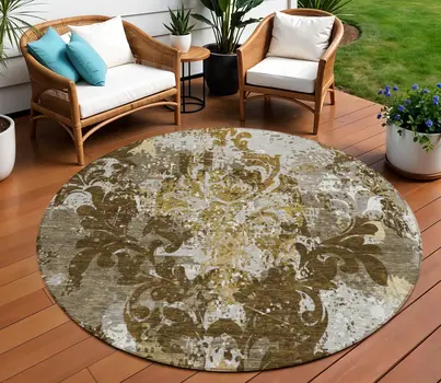8' Brown Green And Ivory Round Damask Washable Indoor Outdoor Area Rug