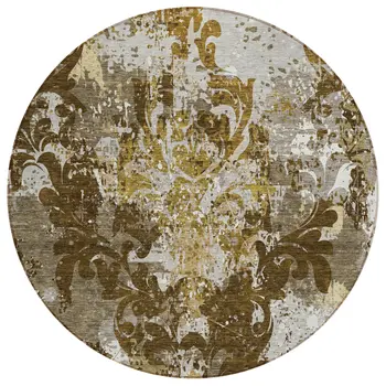 8' Brown Green And Ivory Round Damask Washable Indoor Outdoor Area Rug