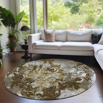 8' Brown Green And Ivory Round Damask Washable Indoor Outdoor Area Rug