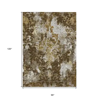 8' X 10' Brown Green And Ivory Damask Washable Indoor Outdoor Area Rug