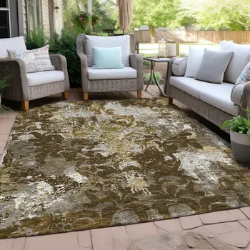 8' X 10' Brown Green And Ivory Damask Washable Indoor Outdoor Area Rug