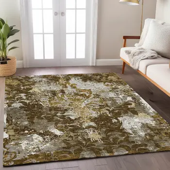 8' X 10' Brown Green And Ivory Damask Washable Indoor Outdoor Area Rug