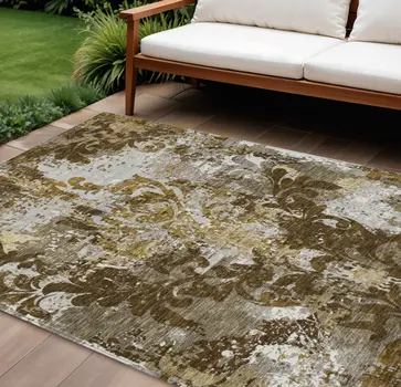 9' X 12' Brown Green And Ivory Damask Washable Indoor Outdoor Area Rug