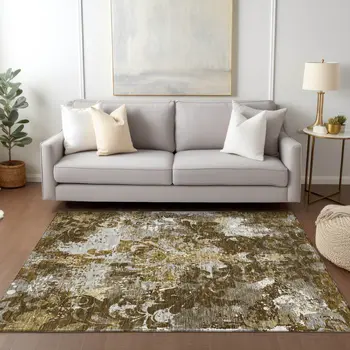 9' X 12' Brown Green And Ivory Damask Washable Indoor Outdoor Area Rug