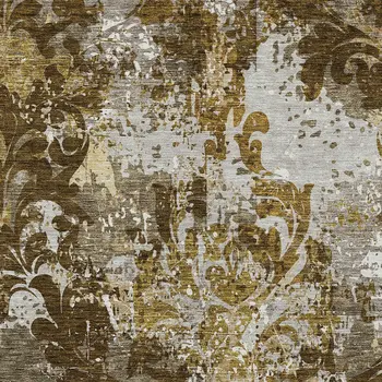 10' X 14' Brown Green And Ivory Damask Washable Indoor Outdoor Area Rug