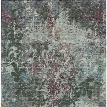 3' X 5' Fern Green And Purple Damask Washable Indoor Outdoor Area Rug