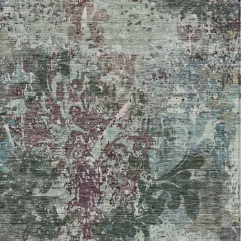 3' X 5' Fern Green And Purple Damask Washable Indoor Outdoor Area Rug