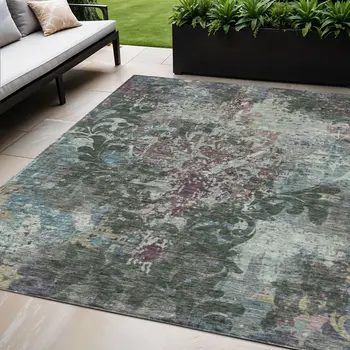 5' X 8' Fern Green And Purple Damask Washable Indoor Outdoor Area Rug