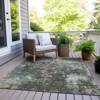 5' X 8' Fern Green And Purple Damask Washable Indoor Outdoor Area Rug