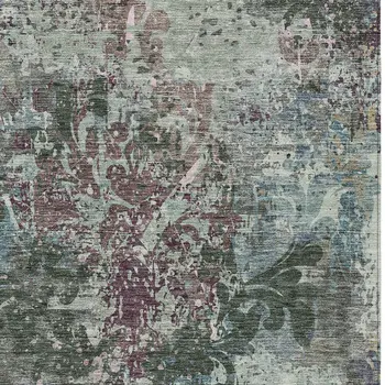 5' X 8' Fern Green And Purple Damask Washable Indoor Outdoor Area Rug