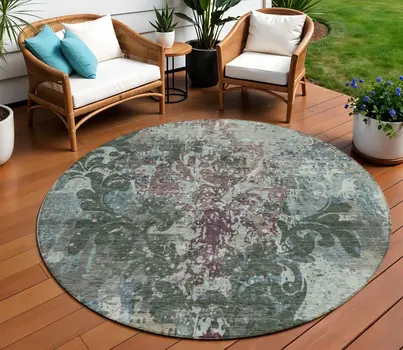 8' Fern Green And Purple Round Damask Washable Indoor Outdoor Area Rug