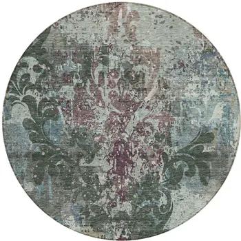8' Fern Green And Purple Round Damask Washable Indoor Outdoor Area Rug