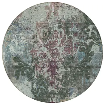 8' Fern Green And Purple Round Damask Washable Indoor Outdoor Area Rug