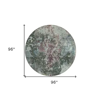 8' Fern Green And Purple Round Damask Washable Indoor Outdoor Area Rug