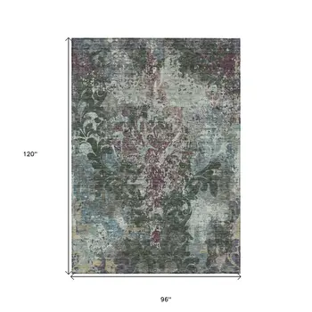 8' X 10' Fern Green And Purple Damask Washable Indoor Outdoor Area Rug