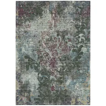 8' X 10' Fern Green And Purple Damask Washable Indoor Outdoor Area Rug