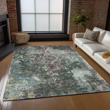 8' X 10' Fern Green And Purple Damask Washable Indoor Outdoor Area Rug