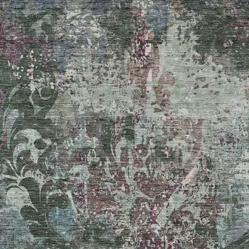 9' X 12' Fern Green And Purple Damask Washable Indoor Outdoor Area Rug