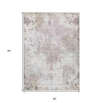 3' X 5' Ivory Light Purple And Gray Damask Washable Indoor Outdoor Area Rug