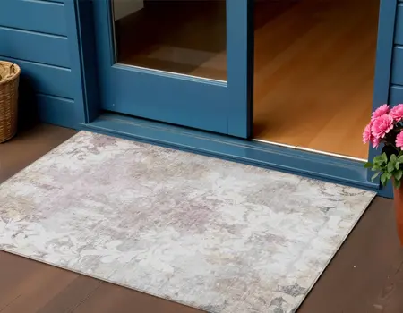 3' X 5' Ivory Light Purple And Gray Damask Washable Indoor Outdoor Area Rug