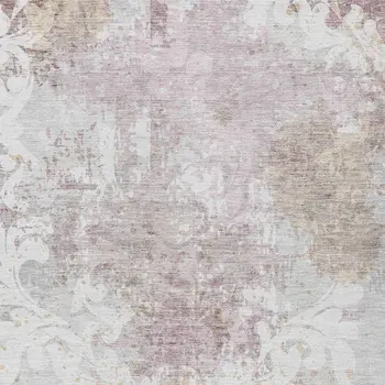 5' X 8' Ivory Light Purple And Gray Damask Washable Indoor Outdoor Area Rug