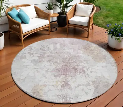 8' Ivory Light Purple And Gray Round Damask Washable Indoor Outdoor Area Rug