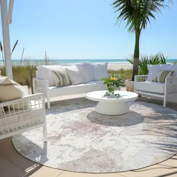 8' Ivory Light Purple And Gray Round Damask Washable Indoor Outdoor Area Rug