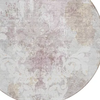 8' Ivory Light Purple And Gray Round Damask Washable Indoor Outdoor Area Rug