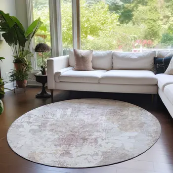 8' Ivory Light Purple And Gray Round Damask Washable Indoor Outdoor Area Rug