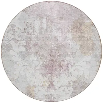 8' Ivory Light Purple And Gray Round Damask Washable Indoor Outdoor Area Rug
