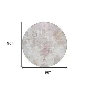 8' Ivory Light Purple And Gray Round Damask Washable Indoor Outdoor Area Rug