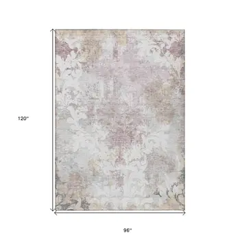 8' X 10' Ivory Light Purple And Gray Damask Washable Indoor Outdoor Area Rug