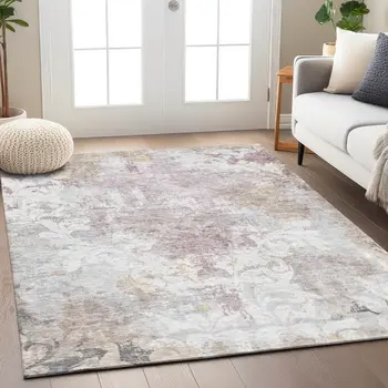 8' X 10' Ivory Light Purple And Gray Damask Washable Indoor Outdoor Area Rug