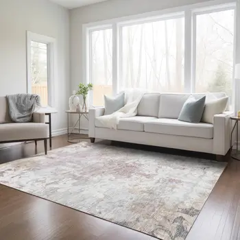 8' X 10' Ivory Light Purple And Gray Damask Washable Indoor Outdoor Area Rug