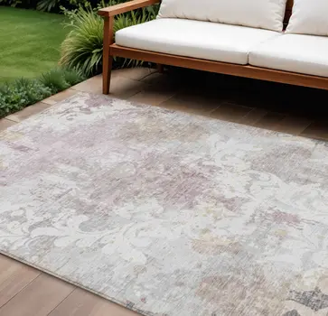 10' X 14' Ivory Light Purple And Gray Damask Washable Indoor Outdoor Area Rug
