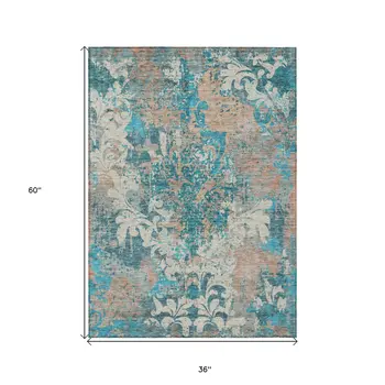 3' X 5' Teal Blue Ivory And Light Brown Damask Washable Indoor Outdoor Area Rug