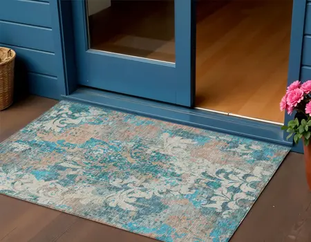 3' X 5' Teal Blue Ivory And Light Brown Damask Washable Indoor Outdoor Area Rug