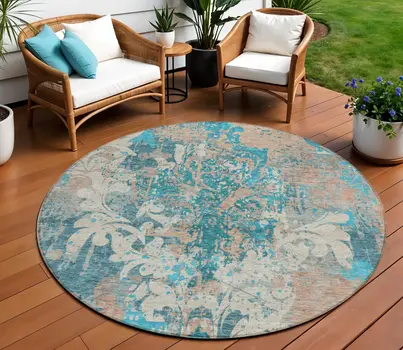 8' Teal Blue Ivory And Light Brown Round Damask Washable Indoor Outdoor Area Rug