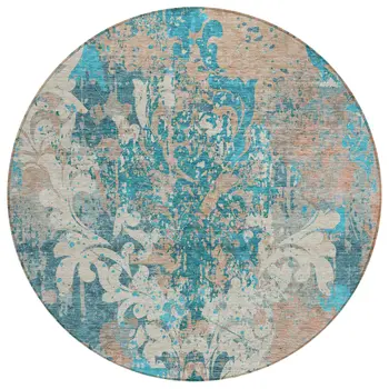 8' Teal Blue Ivory And Light Brown Round Damask Washable Indoor Outdoor Area Rug
