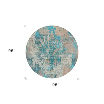 8' Teal Blue Ivory And Light Brown Round Damask Washable Indoor Outdoor Area Rug